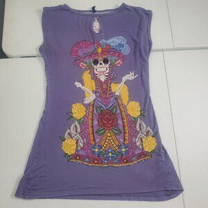 Ay Guey Sugar Skull Short Sleeve Shirt Top Keyhole Purple Women's M